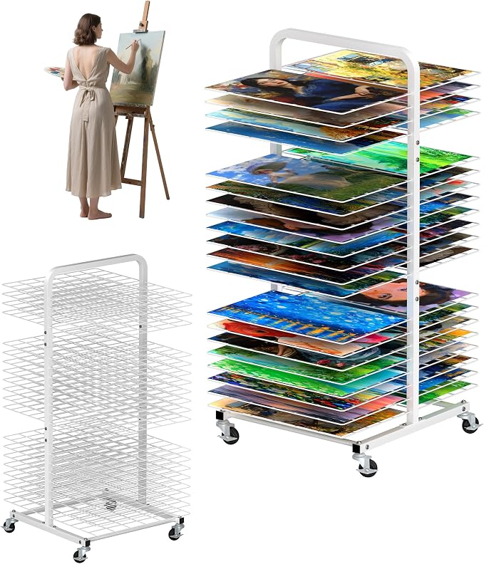 Art Drying Rack with 40 Removable Shelves, Mobile Metal Paint Drying Stand with Lockable Wheels, Functional Canvas Rack Art Storage for Artwork in Classrooms, Art Studios and Schools, White