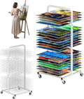 Art Drying Rack with 40 Removable Shelves, Mobile Metal Paint Drying Stand with Lockable Wheels, Functional Canvas Rack Art Storage for Artwork in Classrooms, Art Studios and Schools, White