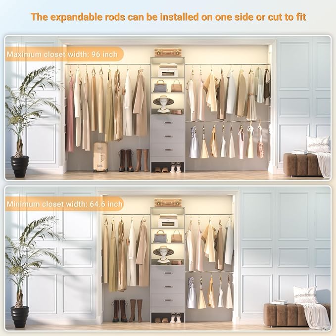 Besiost 96'' Closet Organizer System with 3 Hanging Rods, 8FT Closet Organizers and Storage with 3 Wooden Drawers, Built in Closet Organizer Systems, Adjustable Walk-in Wardrobe from 5-8FT, Grey