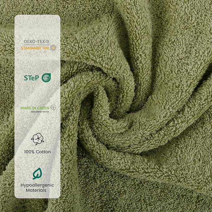 SEMAXE Bath Towel Set, 8 Piece Towel Set for Bathroom, Quick Dry Cotton Towels with Hanging Loops, Easy Care, Green