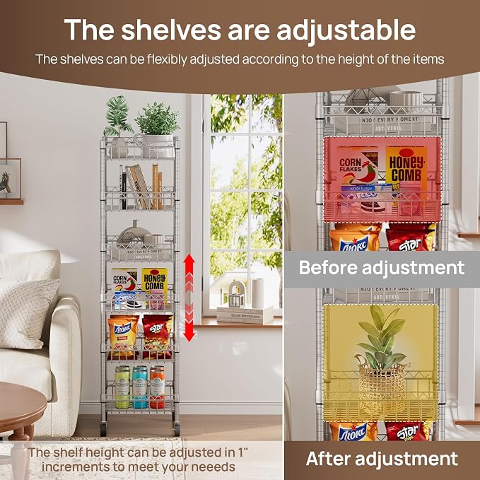 Golpart 6 Shelves Storage Shelf Wire Closet Bathroom Organizers Metal Pantry Kitchen Garage Shelving Unit Laundry Room Organization Home Rack Net Basket Silver with Wheels 14" Dx14 Wx64.8 H
