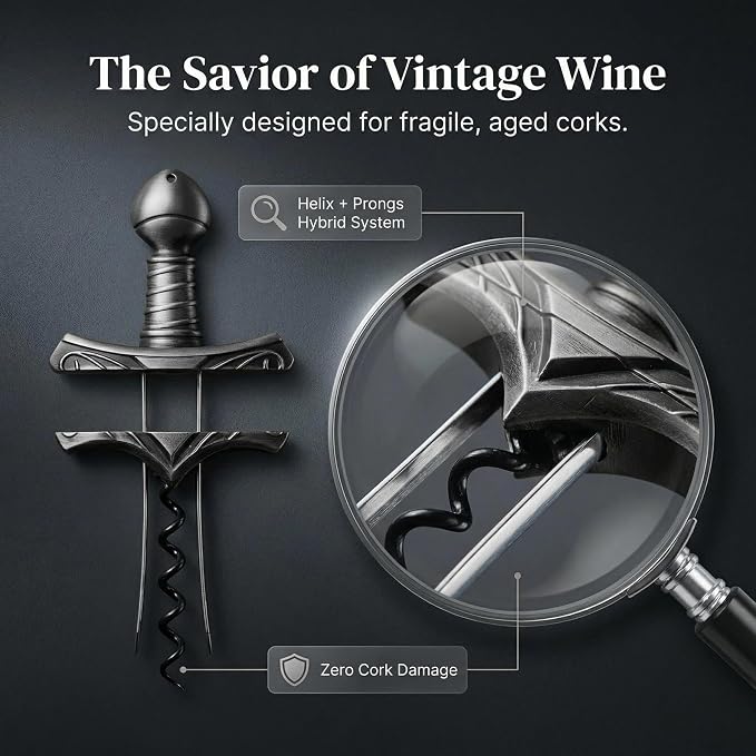 Ah So Wine Opener, Excalibur Sword Wine Corkscrew with Display Base, Premium Zinc Alloy Vintage Bronze Corkscrew for Fragile Corks, Unique Wine Gifts for Man, Collectors & Luxury Bar Decor (Silver)