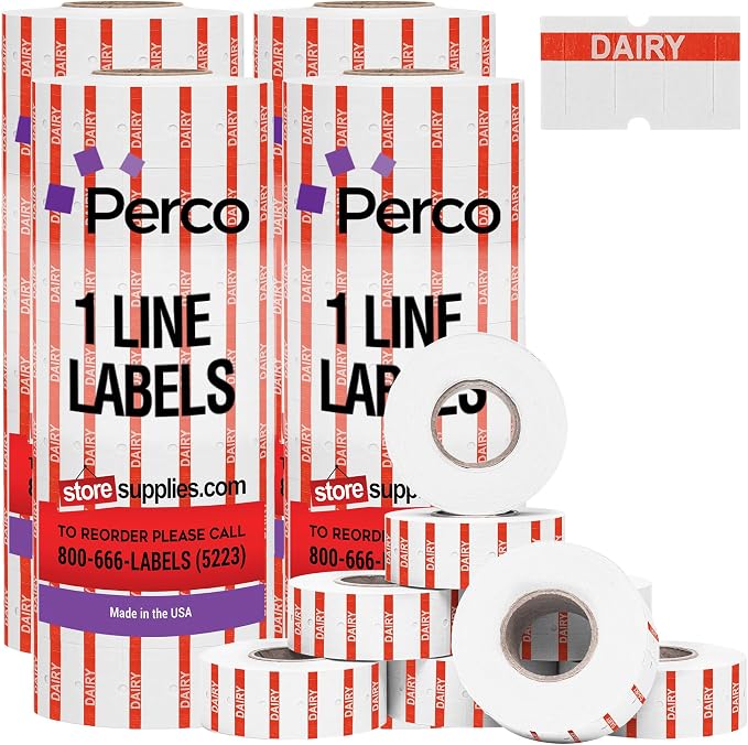 Perco 1 Line Orange Reverse Print on White Dairy Labels—32,000 Labels for Perco Lite, X, Plus & Pro Guns—with Tamper-Proof Design for Marking Milk, Cheese, Yogurt, Butter—32 Rolls, 4 Sleeves—USA Made