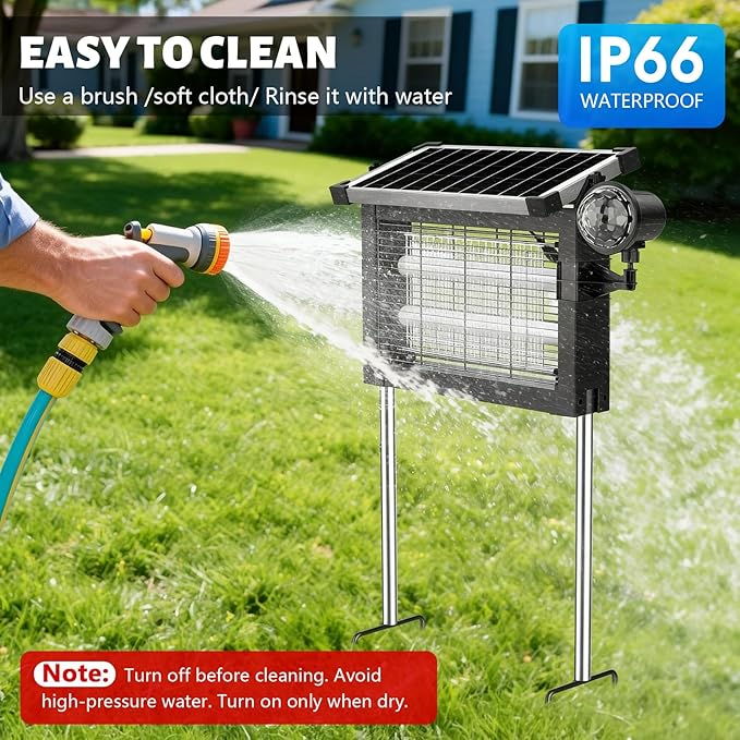 Zechuan Solar Bug Zapper Outdoor, 4500V Electric Mosquito Zapper, IP66 Waterproof Cordless Fly Killer, Type-C Rechargeable with Projection Light for Patio Yard Camping