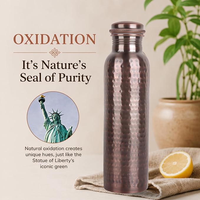 Alpha Living Home Copper Water Bottle 34 Oz Extra Large, Real Water Bottle, Pure Copper Drinking Bottle, Antique Hammered Ayurvedic Bottle for Drinking Water, Leak Proof Cap with Cleaning Brush