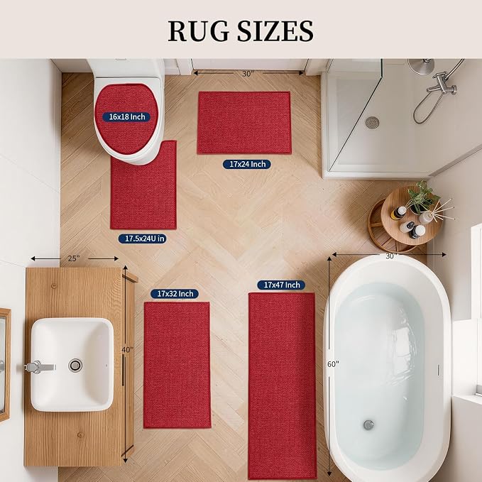 YIHOUSE Red Bathroom Rugs Sets 5 Piece, Quick Dry Thin Bath Mat with Toilet Rug - Non Slip Absorbent Machine Washable - Bath Runner Rugs for Bathtub Sink Home Decor