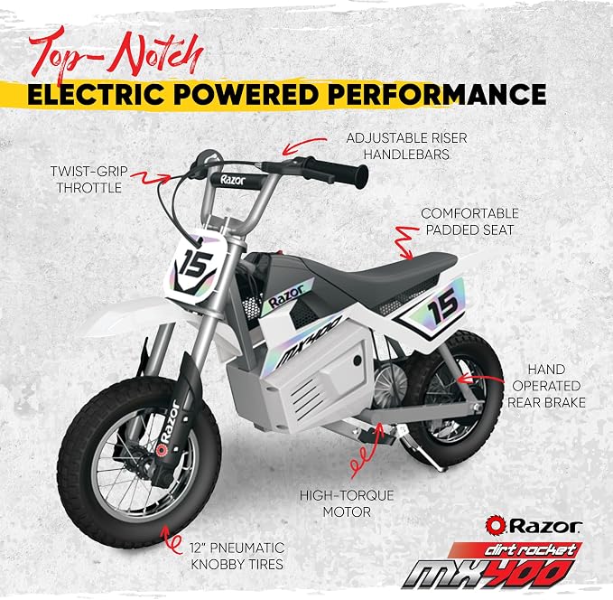 Razor MX400 Dirt Rocket Electric Bike for Kids Ages 8+, 140 lb Max Weight, White – 24V Battery, Up to 14 Mph, 30-Min Ride Time on High Speed, Twist-Grip Throttle, Spoked Wheels w/ 12” Pneumatic Tires