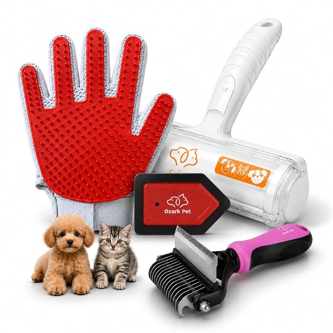 Grooming Brush for Dog/Cat with 2 Sided Grooming Brush for De-Shedding, De-Matting Reduces Shedding up to 95%, Great Short to Long Hair Small Large (Red, Combo 4-in1 Small)