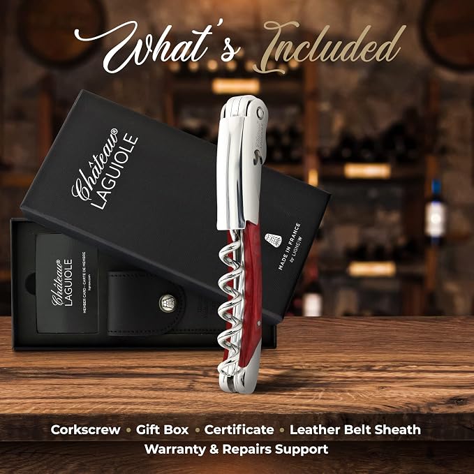Chateau Laguiole Laguiole Grand Cru Corkscrew - Red Stamina French Luxury Wine Opener - Includes Leather Sheath & Gift Box