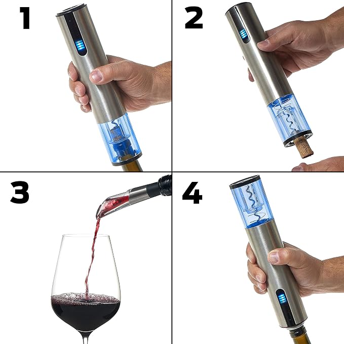 Wine Enthusiast 2-in-1 Electric Blue Automatic Wine Bottle Opener and Preserver Set – Fully Electric Corkscrew with Charging Station – Seal Bottle with Vacuum Stopper (7 Piece Set)