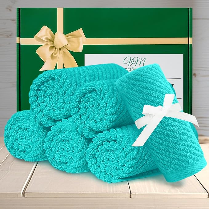 VOOVA & MOVAS Washcloths 6PC, 100% Cotton, 13x13 in, Turquoise | Thick, Quick Dry, Soft, Absorbent, Luxury Towels For Face, Fluffy Wash Cloths, Towel Gift Set