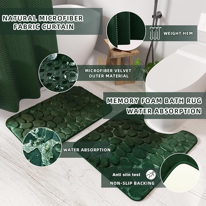 XLHOMO 26PC Bathroom Accessories Set - Gorgeous Green Bathroom Set, Bathroom Accessory Set, Shower Curtain Set with Bathtub Mats for Shower Tub, Trash Can & Soap Dispenser