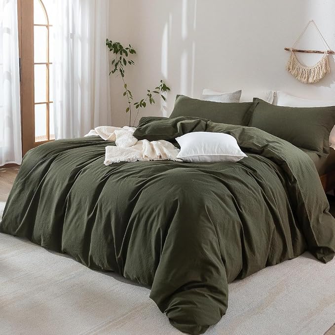 Olive Green Duvet Cover Alaskan King Size, 100% Washed Cotton Bedding Set Cover 1 Duvet Cover 132inch x 120inch with Zipper Closure and 2 Pillowcases, Olive Green