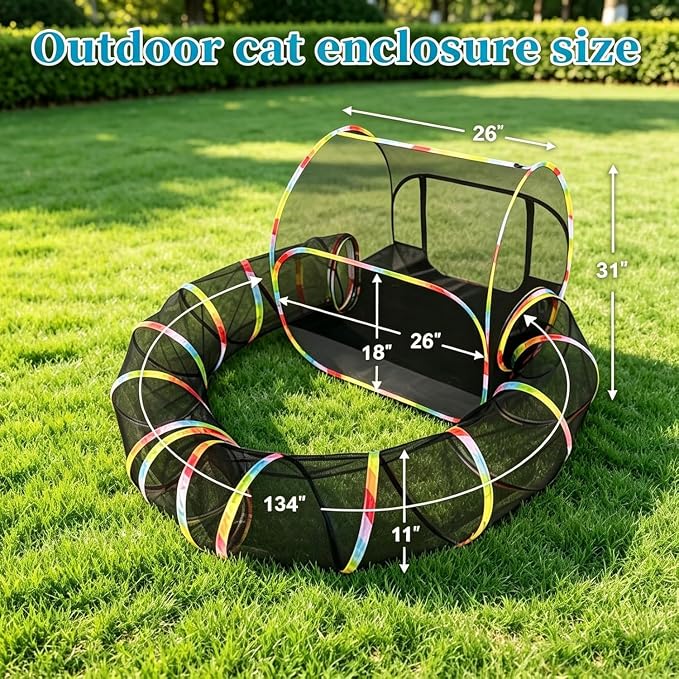 Outdoor Cat Enclosure 2-in-1, Extra Large Pop Up Cat Tent with 134" Tunnel for Indoor Cats, Expandable Foldable Cat Playpen for Backyard Camping, Fits Rabbits & Small Animals,1-Min Setup