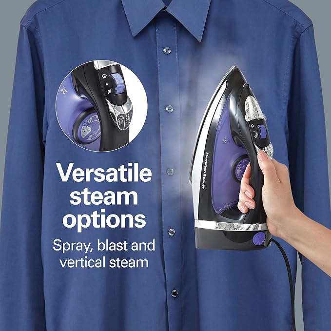 Hamilton Beach Steam Iron for Clothes With Versatile Steam Options | Durable Smooth Press Stainless Steel Soleplate | 1200 Watts, Heat-Up In Under 1 Minute | 8’ Retractable Cord | Black | 14214