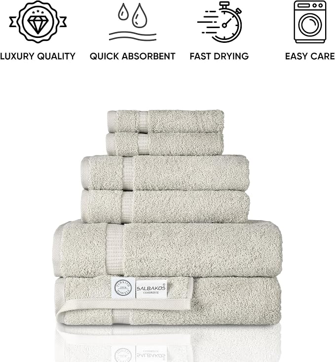 SALBAKOS 100% Turkish Cotton Bathroom Towel Set of 6-Piece, Stone | 630 Gsm Thick Super Soft Highly Absorbent 2 Bath + 2 Hand + 2 Washcloth Towels Sets, Giftable, Hotel Quality, Made in Turkey