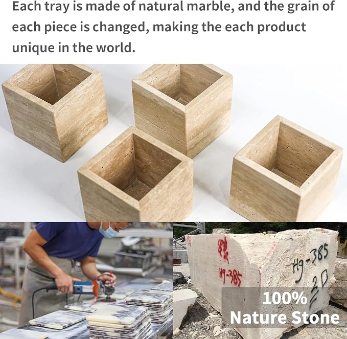Natural Stone Makeup Brush Holder for Vanity, Marble Toothbrush Holder for Bathroom, Luxurious Countertop Organizer, Travertine Bathroom Accessories Beige Square