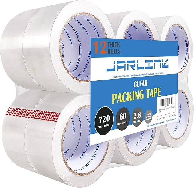 JARLINK 12 Rolls Clear Packing Tape, Heavy Duty Packaging Tape | Ultra Thick 2.8mil and 1.88" Wide. 60 Yards per Roll, 720 Total Yards. Moving Supplies for Shipping Packaging Sealing