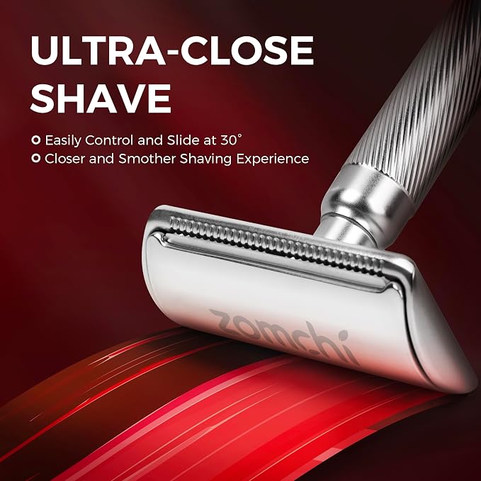 Double Edge Safety Razor with Stand, Version 2.0 Includes 10 Blades | Classic silver finish with a clean metallic look that complements any grooming setup.