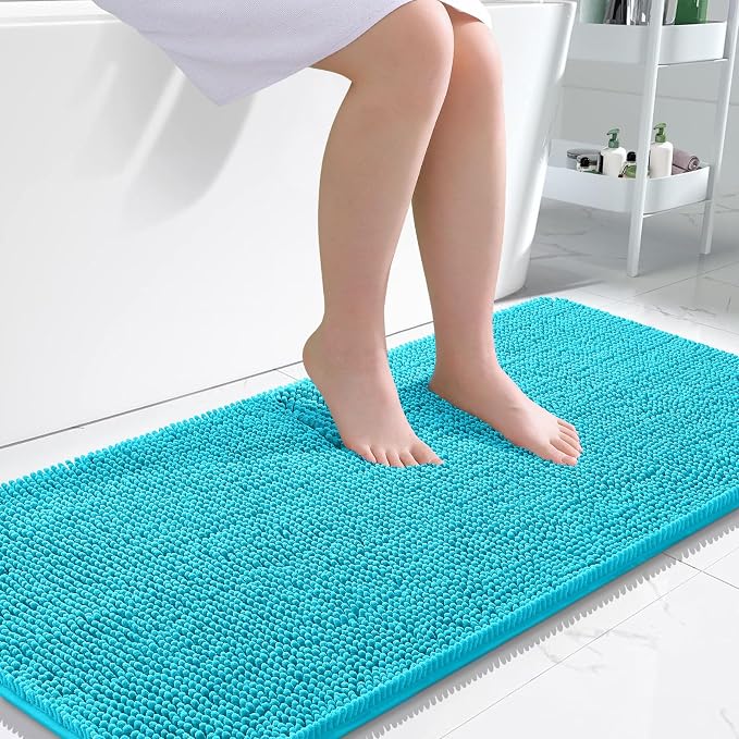OLANLY Bathroom Runner Rugs 47x24, Soft Absorbent Chenille Bath Rugs, Rubber Backing Quick Dry, Machine Washable Long Bath Mats for Bathroom Floor, Tub and Shower, Home Decor Accessories, Aqua Sky