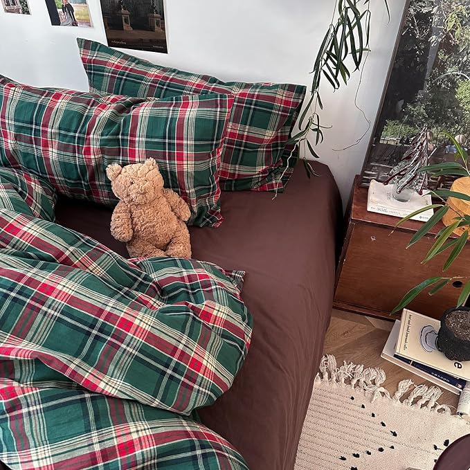 mixinni Vintage Green Buffalo Plaid Washed Cotton Duvet Cover Twin - Soft Breathable Textured Bedding Set with Zipper Closure for All Seasons-1 Duvet Cover + 2 Pillow Shams-Twin Size
