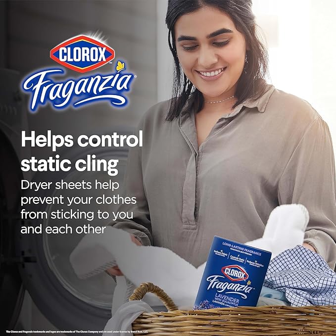 Clorox Fraganzia Fabric Softener Dryer Sheets Lavender with Eucalyptus Scent Wrinkle Reducing Anti-Static Softens Fabrics Fresh Smelling Clothes Linens 80 Count 6 Pack