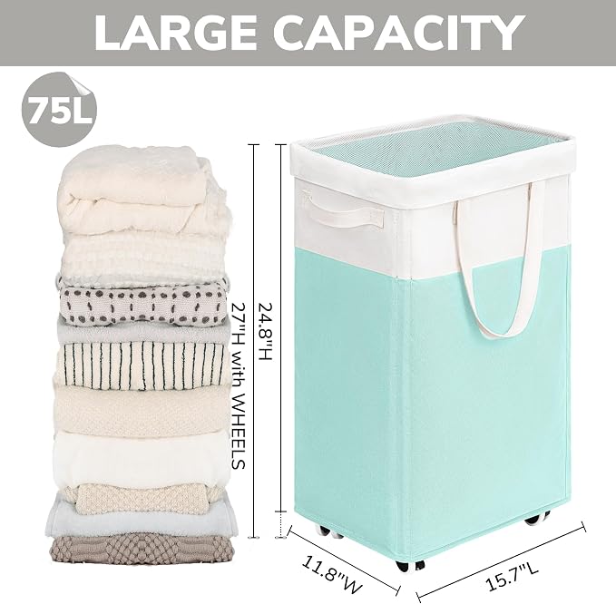 Goodpick Laundry Basket with Wheels, 75L Laundry Hamper with Wheels, Large Laundry Basket with Removable Wash Bag, Clothes Hamper for Laundry, Blue&White