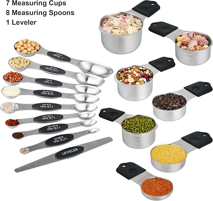 Magnetic Measuring Cups and Spoons Set 16, Metric & US Stainless Steel Measuring Cups and Spoons Set for Dry & Liquid, Metal Measure Cups & Spoons & Leveler for Kitchen&Baking, Black