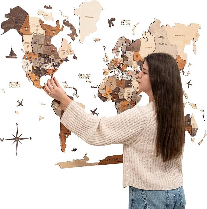 Enjoy The Wood 3D Wooden World Map Wall Art - Large Travel Map with Pins for Art Decor - Decorative Map of the World for Home, Office - Travel Wall Art Housewarming Gift Idea (Multicolor, M, Unframed)