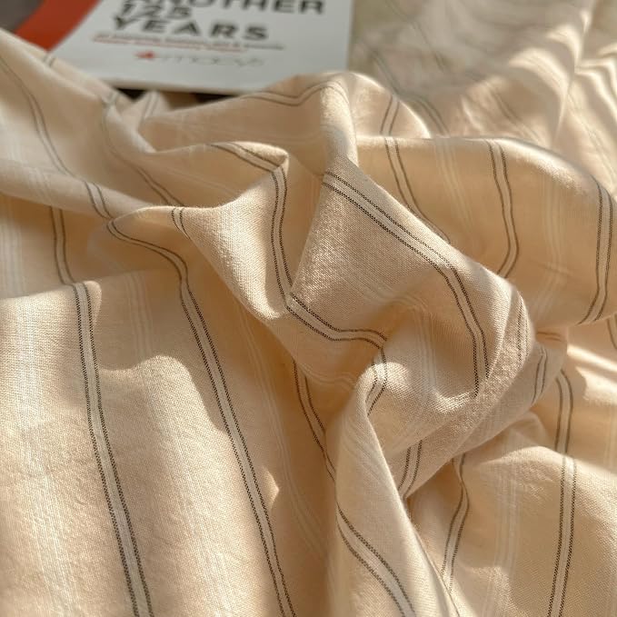 mixinni Retro Striped Duvet Cover Set King Size - 100% Washed Cotton Beige Duvet Cover with Black White Stripes, Soft Breathable 3 Piece Comforter Cover with Zipper Closure & Corner Ties