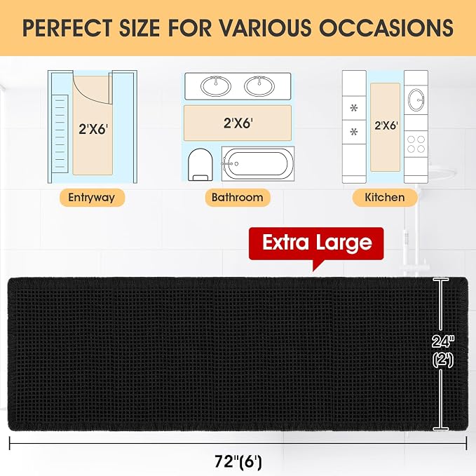 Extra Large Waffle Bath Mat Black 6'x2'(72" x 24"), Boho Woven Modern Bath Mat Rugs, Absorbent Non Slip Bathroom Rugs, Soft Washable Bath Rugs with Tassels for Bathroom, Bedroom, Kitchen, Shower, Tub