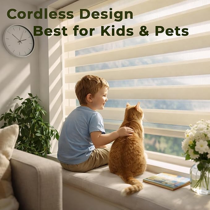 ShadesU Cordless Zebra Blinds – Light Filtering Dual-Layer Window Shades for Privacy (Ivory Color) (Maximum Height 72") (Width 54")