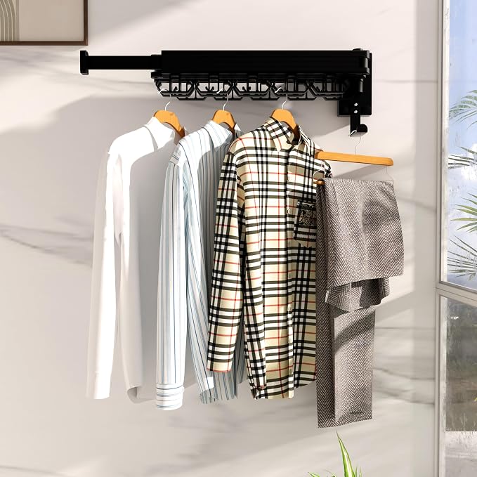Kelisiting Clothes Drying Rack, Wall Mounted Laundry Drying Rack, Upgrade 3-Fold Foldable Collapsible Retractable Clothing Drying Rack with 12 Dual Hooks Organization for Laundry Room Indoor- Black