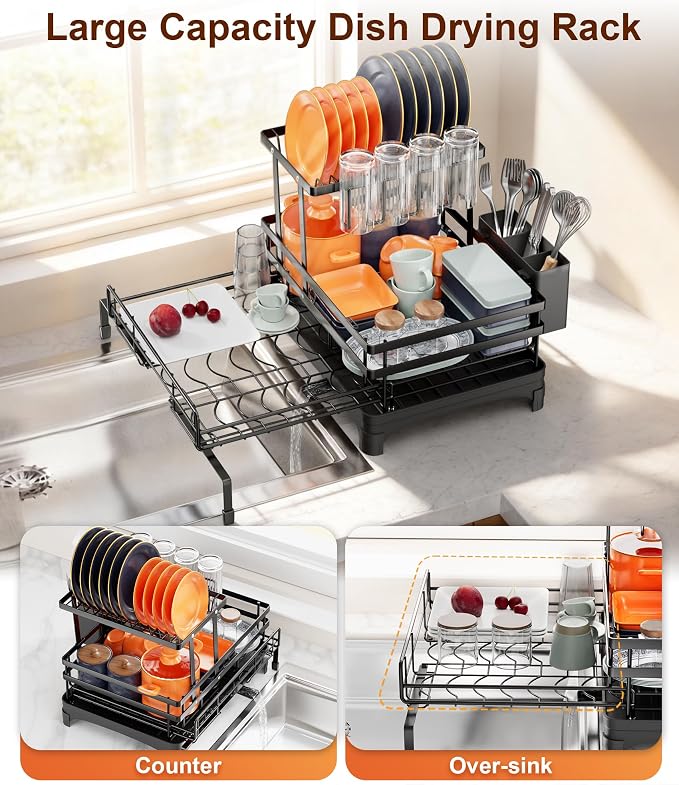 Hanyi 2-Tier Expandable Dish Drying Rack for Counter and Over Sink | Large-capacity rack with foldable upper tier, 15.7-26.4 in over-sink extension, automatic drainage and rust-resistant frame