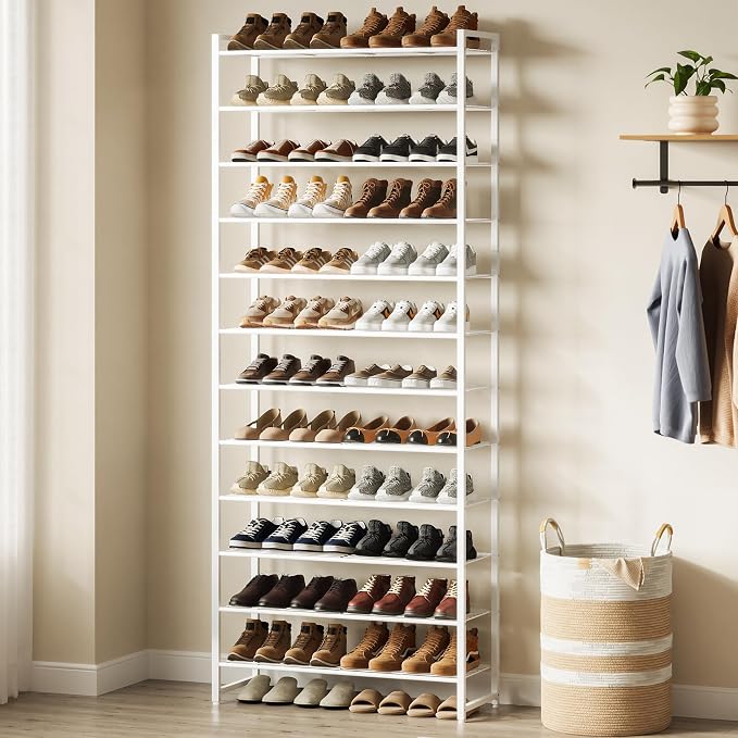 Nunsino Shoe Rack for Closet, Metal Shoe Organizer,12 Tier Garage Shoe Rack Max Holds 60 Pairs,Shoe Storage Shelf,Entryway, White