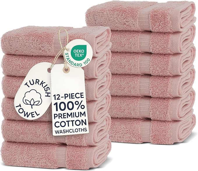Chakir Turkish Linens 12 Piece Washcloth Set, 100% Cotton Luxury Turkish Washcloths for Bathroom, Soft Absorbent Washcloths, 13 x 13 Inches, Pink