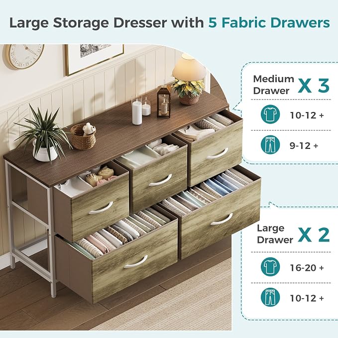 OLIXIS 5 Drawer Dresser for Bedroom, Storage Organizer Unit for Closet | Chest of Drawers for Clothes Storage with Bins, Wide Fabric Bedroom Dresser, Wooden Top, Living Room, Greige Oak