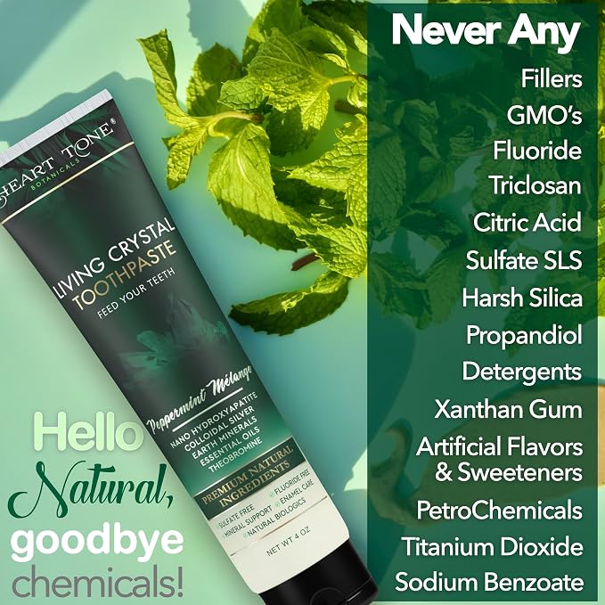 Theobromine & Hydroxyapatite Toothpaste | Living Crystal | Fluoride Free | Colloidal Silver, Bentonite Clay, L-Arginine | Low Abrasion Tested | Mint