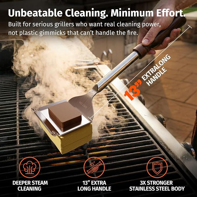 East Oak Bristle-Free Grill Brush, 2mm Thick Stainless Steel Rod, Heat-Resistant Aramid Sponge Head (900°F), Steam Cleaning Brush with Scraper, Safe for Cast Iron & Stainless Steel Grates