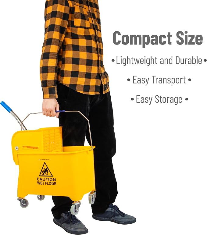 Mind Reader Mop Bucket with Wringer (Mop Not Included), 5.5 Gallon Cleaning Bucket with Wheels and Handle, Upward Press Wringer, Small Mop Compatible, Yellow