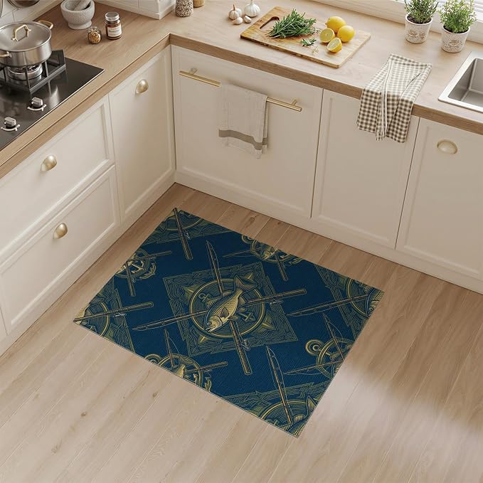 3'x5' Washable Area Rug Bass Nautical Wildlife Icons Lure Tackle Motif Border Fish Fishing Refined Non-Slip Chair-Friendly for Home Office, Hallway, Laundry Room