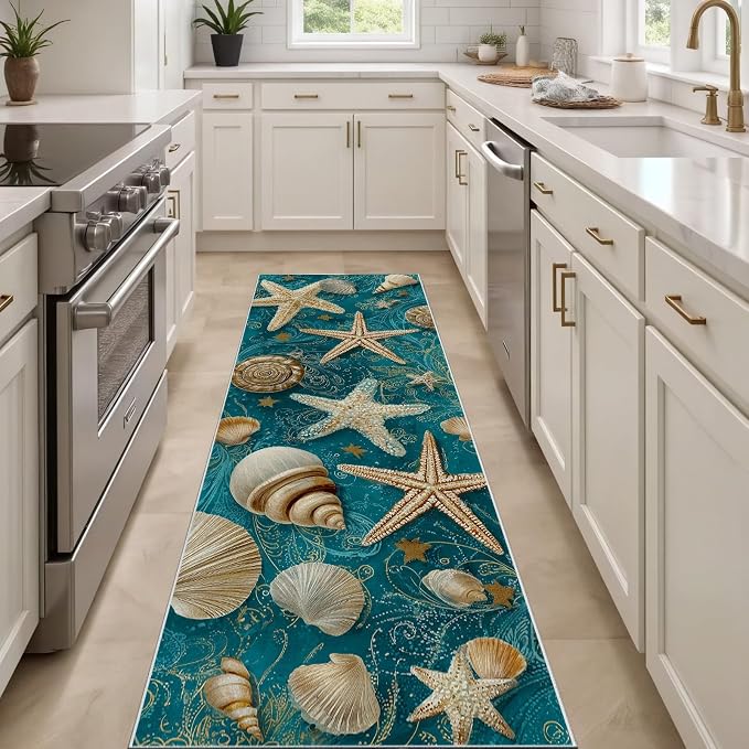 Seashell Starfish Conch Hallway Washable Runner Rug 2x7, Retro Ocean Kitchen Runner Rug Soft Non Slip Low Pile Floor Mat, Peacock Green Carpet for Entryway Corridor Laundry Bedside Rugs