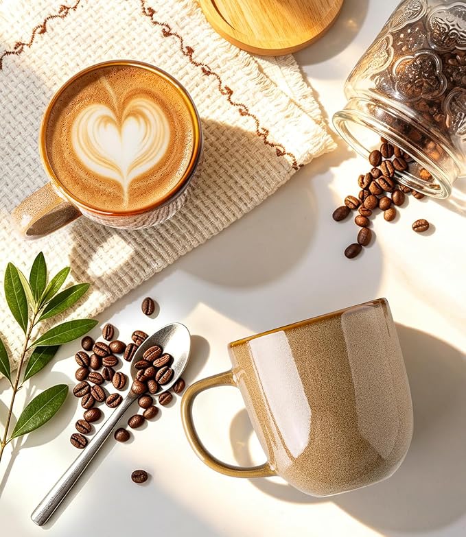LERATIO Ceramic Coffee Mugs Set of 6,12oz Handmade Coffee Mugs Set | Large Handle for Cappuccino/Latte/Tea/Hot Cocoa,Oven &Dishwasher & Microwave Safe-Chestnut