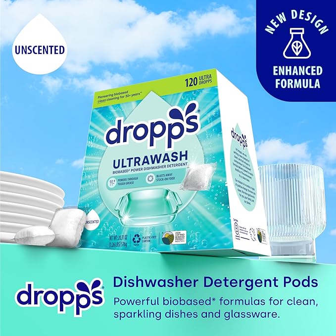 Dropps UltraWash Dishwasher Detergent Pods, Unscented (120 Ct) - Free & Clear | Cuts Grease & Stuck-On Food | Sparkling Dishes & Glasses | Residue-Free | Clean Ingredients | Plastic Free Packaging