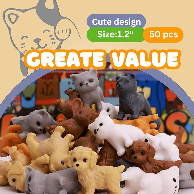 Entervending Tiny Dog and Cat Figurines for Kids - Small Animals Toys in Bulk - Little Pet Toys - Tiny Plastic Toys for Kids Classroom Prizes - 50 Pcs - Easter Gifts for Kids