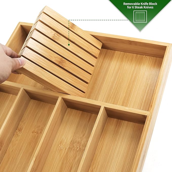 VaeFae Bamboo Silverware Organizer (Non-expandable), Utensil Holder for Drawer, Cutlery Tray with Divider for Kitchen Drawer, Utensil Organizer with Knife Block