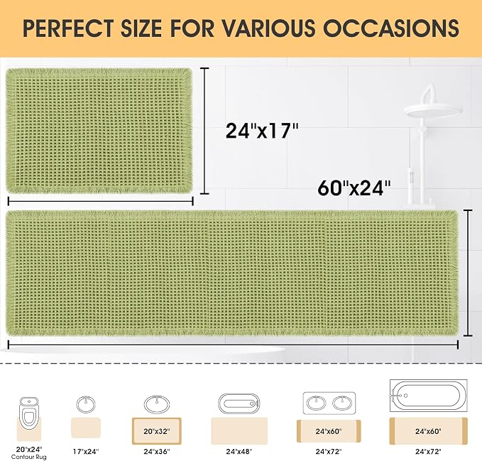 IM HOME Waffle Bath Mat Set Sage Green 2 Piece,Woven Modern Bath Rug Mats, Absorbent Non Slip Bath Floor Mat, Soft Washable Boho Bath Rugs with Tassels for Bathroom, Bedroom, Kitchen,Tub