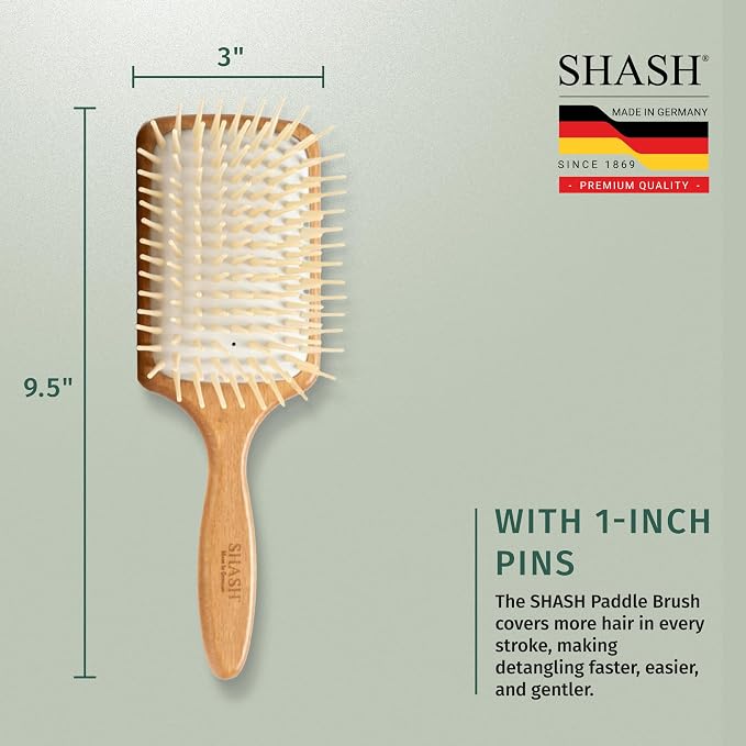 Made in Germany - SHASH Large Paddle Hair Brush, Thick And Curly Hair - Detangler With Long Pins & Rubber Cushion - Helps Detangle Knots, Eliminate Frizz, Reduce Pulling & Snagging