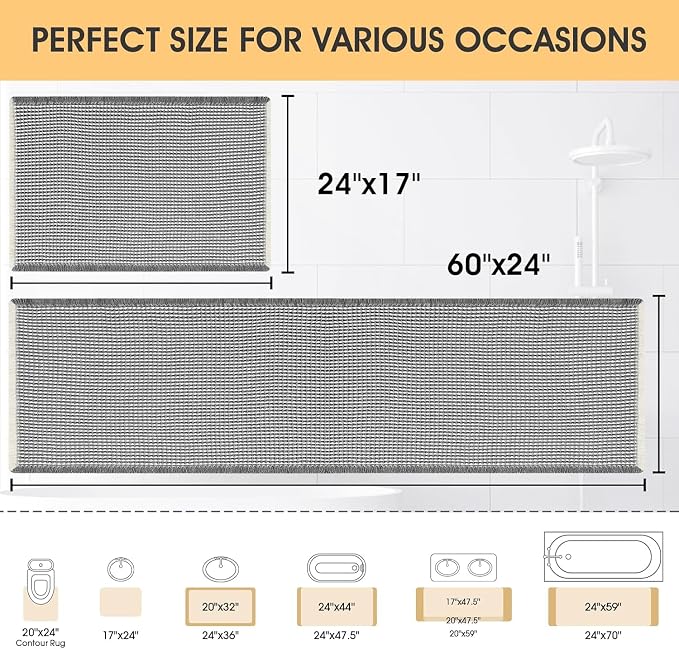 IM HOME Waffle Bath Mat Set 2 Piece Darkgrey & Cream,Woven Modern Bath Rug Mats, Absorbent Non Slip Bath Floor Mat, Soft Washable Boho Bath Rugs with Tassels for Bathroom, Bedroom,Tub