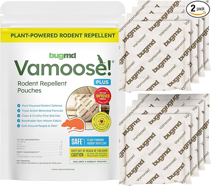 BugMD Vamoose! Plus Peppermint Oil Mouse Repellent Pouches | Natural Mice Repellent Indoor & Rat Deterrent for House, Garage, RV, Car & Storage | Plant-Powered Rodent Control - 2 Pack - 8 Pouches